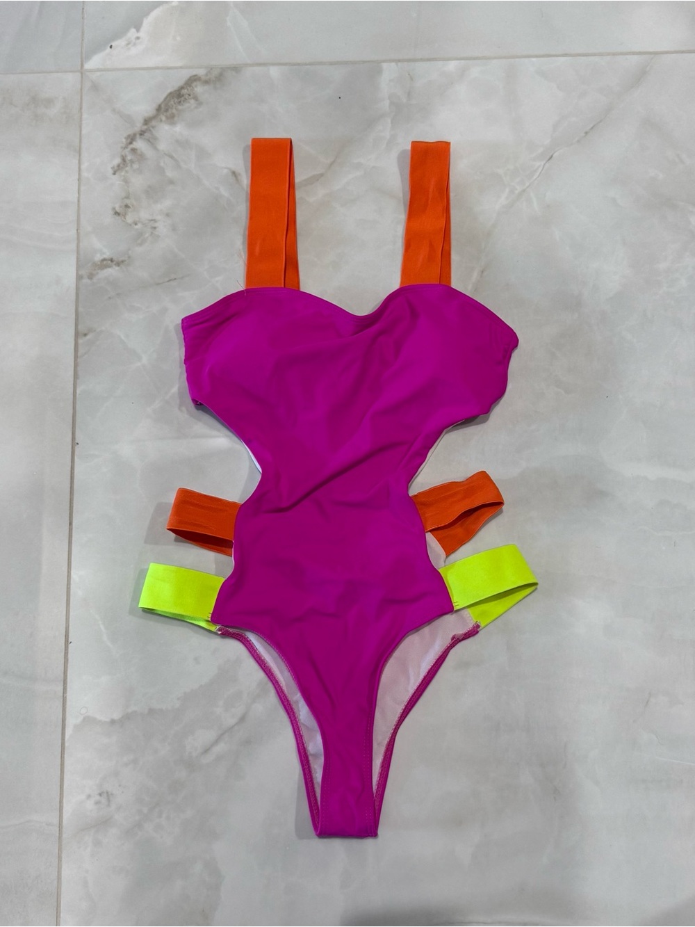Vibrant Cutout One-Piece Swimsuit - Magenta with Orange & Neon Yellow Straps